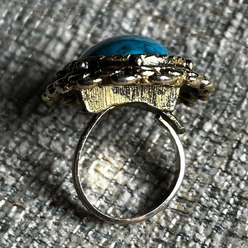Vintage Chunky Faux Turquoise Gold Tone Statement Costume Adjustable Ring Ornate
